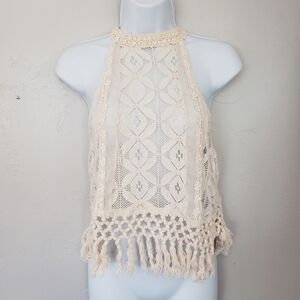 Clover + Scout Women's Small Ivory Beige Lace Halter Crop Top Fringe Boho Blouse